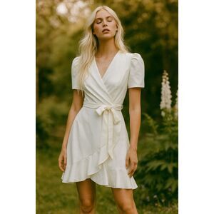 Retro BETSEY JOHNSON White V-Neck Ruffle Belted Wrap Dress Y2K Women's Size 4